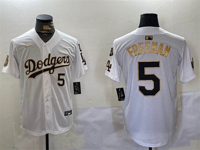 Los Angeles Dodgers #5 Freddie Freeman White Gold 2024 World Series With Fernando Memorial Home Limited Stitched Jersey